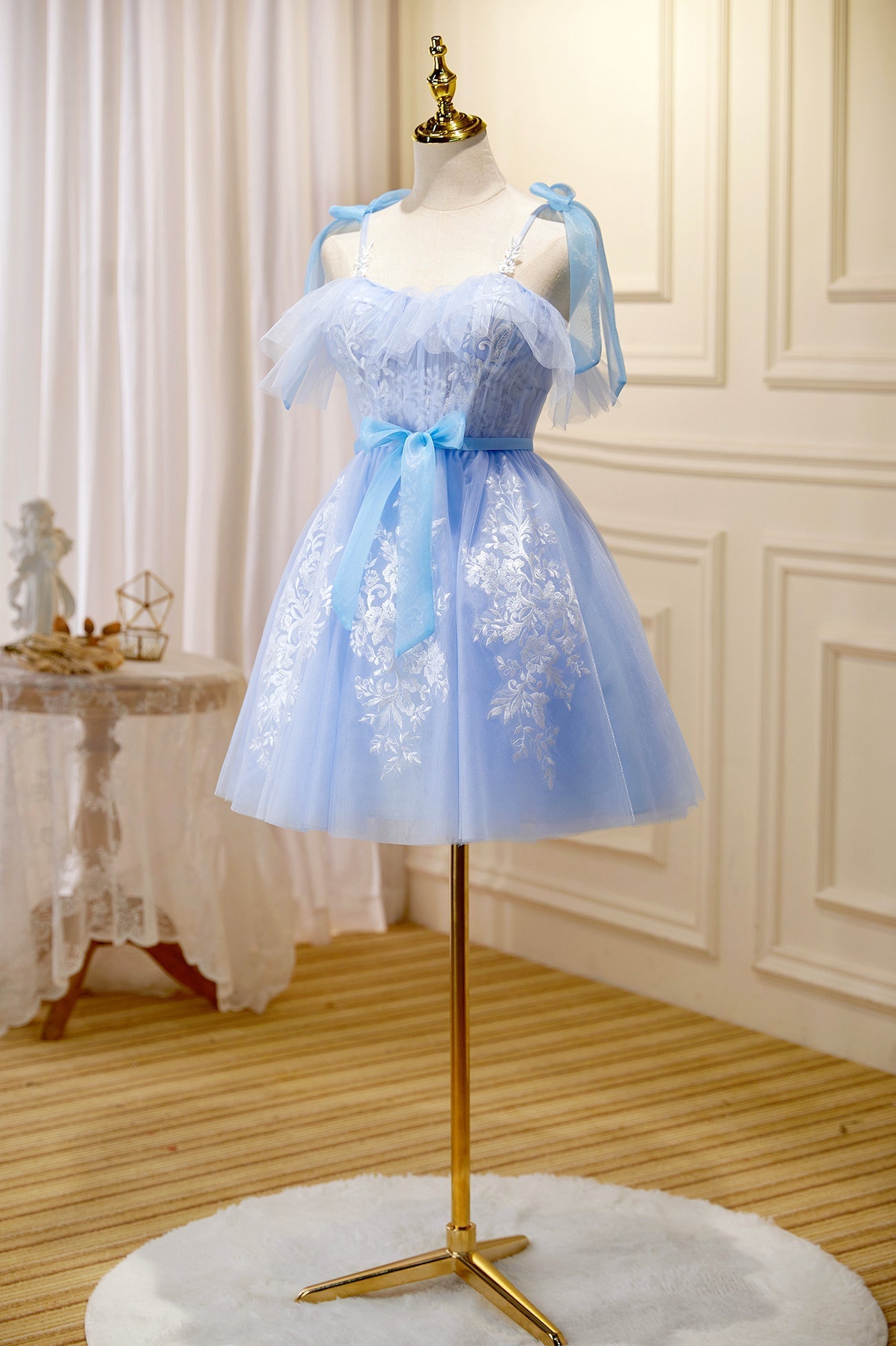 Flower Dress, Blue Spaghetti Strap Lace Short Prom Dress, Lovely A-Line Homecoming Dress
