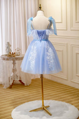 Nice Dress, Blue Spaghetti Strap Lace Short Prom Dress, Lovely A-Line Homecoming Dress