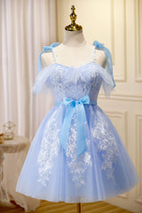 Bridal Dress, Blue Spaghetti Strap Lace Short Prom Dress, Lovely A-Line Homecoming Dress