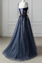 Party Dress Brands Usa, Blue Spaghetti Strap Long Prom Dress with Star, Blue Evening Party Dress