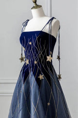 Party Dress Pinterest, Blue Spaghetti Strap Long Prom Dress with Star, Blue Evening Party Dress