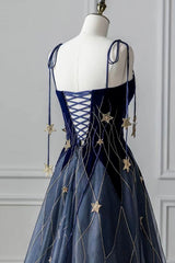 Party Dress Prom, Blue Spaghetti Strap Long Prom Dress with Star, Blue Evening Party Dress