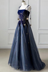 Party Dress And Style, Blue Spaghetti Strap Long Prom Dress with Star, Blue Evening Party Dress
