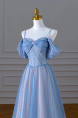 Bridesmaid Dresses Hunter Green, Blue Spaghetti Strap Tulle Long Prom Dress, A-Line Evening Dress