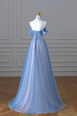 Bridesmaid Dresses Earth Tones, Blue Spaghetti Strap Tulle Long Prom Dress, A-Line Evening Dress