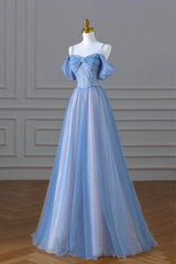 Bridesmaids Dress Black, Blue Spaghetti Strap Tulle Long Prom Dress, A-Line Evening Dress