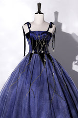 Bridesmaid Dresses Weddings, Blue Spaghetti Strap Tulle Long Prom Dress with Star, Blue Evening Party Dress