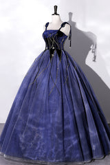 Bridesmaid Dresses Inspiration, Blue Spaghetti Strap Tulle Long Prom Dress with Star, Blue Evening Party Dress