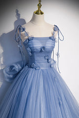 Dress Outfit, Blue Spaghetti Strap Tulle with Flowers Long Formal Dress, Blue Party Dress with Bow