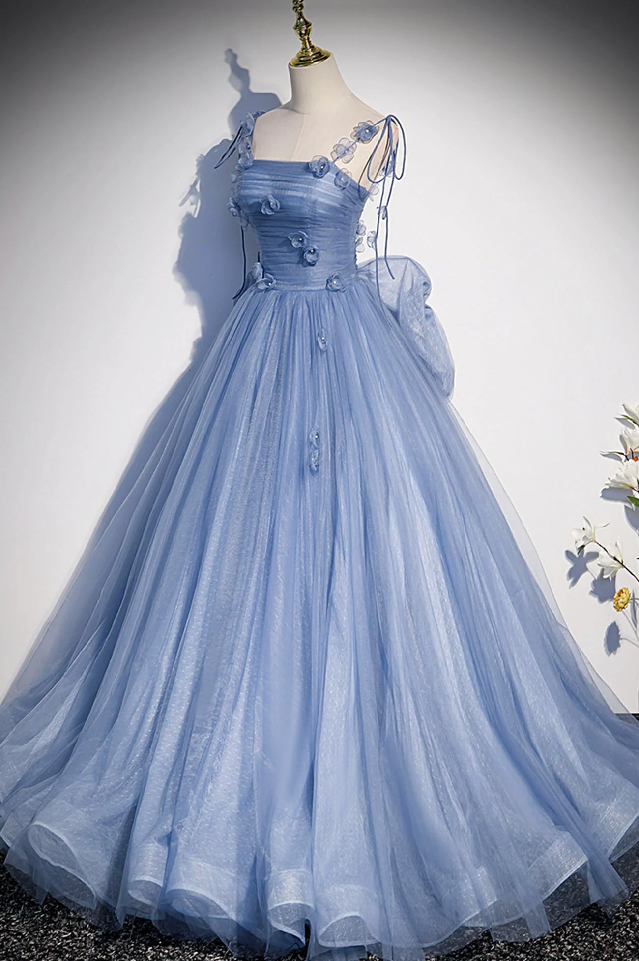 Quinceanera Dress, Blue Spaghetti Strap Tulle with Flowers Long Formal Dress, Blue Party Dress with Bow