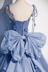 White Dress, Blue Spaghetti Strap Tulle with Flowers Long Formal Dress, Blue Party Dress with Bow
