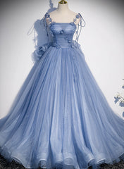 Elegant Dress, Blue Spaghetti Strap Tulle with Flowers Long Formal Dress, Blue Party Dress with Bow