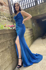 Blue Spaghetti Straps Long Prom Dress With Split Front