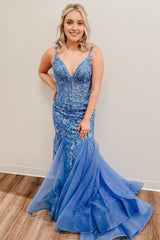 Blue Spaghetti Straps Mermaid Prom Dress With Appliques