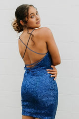 Blue Spaghetti Straps Sequins Homecoming Dress With Criss Cross Back