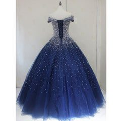 Evening Dress Wholesale, Blue Sparkle Off Shoulder Ball Party Dress , Handmade Beaded Party Dress