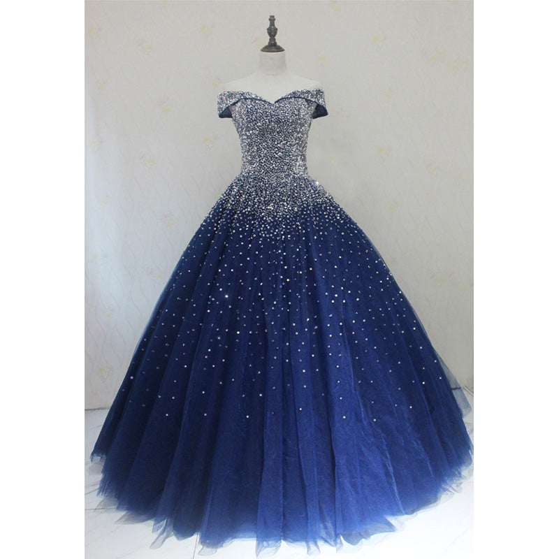 Evening Dress Gown, Blue Sparkle Off Shoulder Ball Party Dress , Handmade Beaded Party Dress