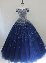 Evening Dresses 90016, Blue Sparkle Off Shoulder Ball Party Dress , Handmade Beaded Party Dress