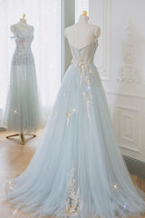 Bridesmaid Dresses Mismatched Summer, Blue Strapless Lace Formal Prom Dress, A-Line Tulle Evening Party Dress