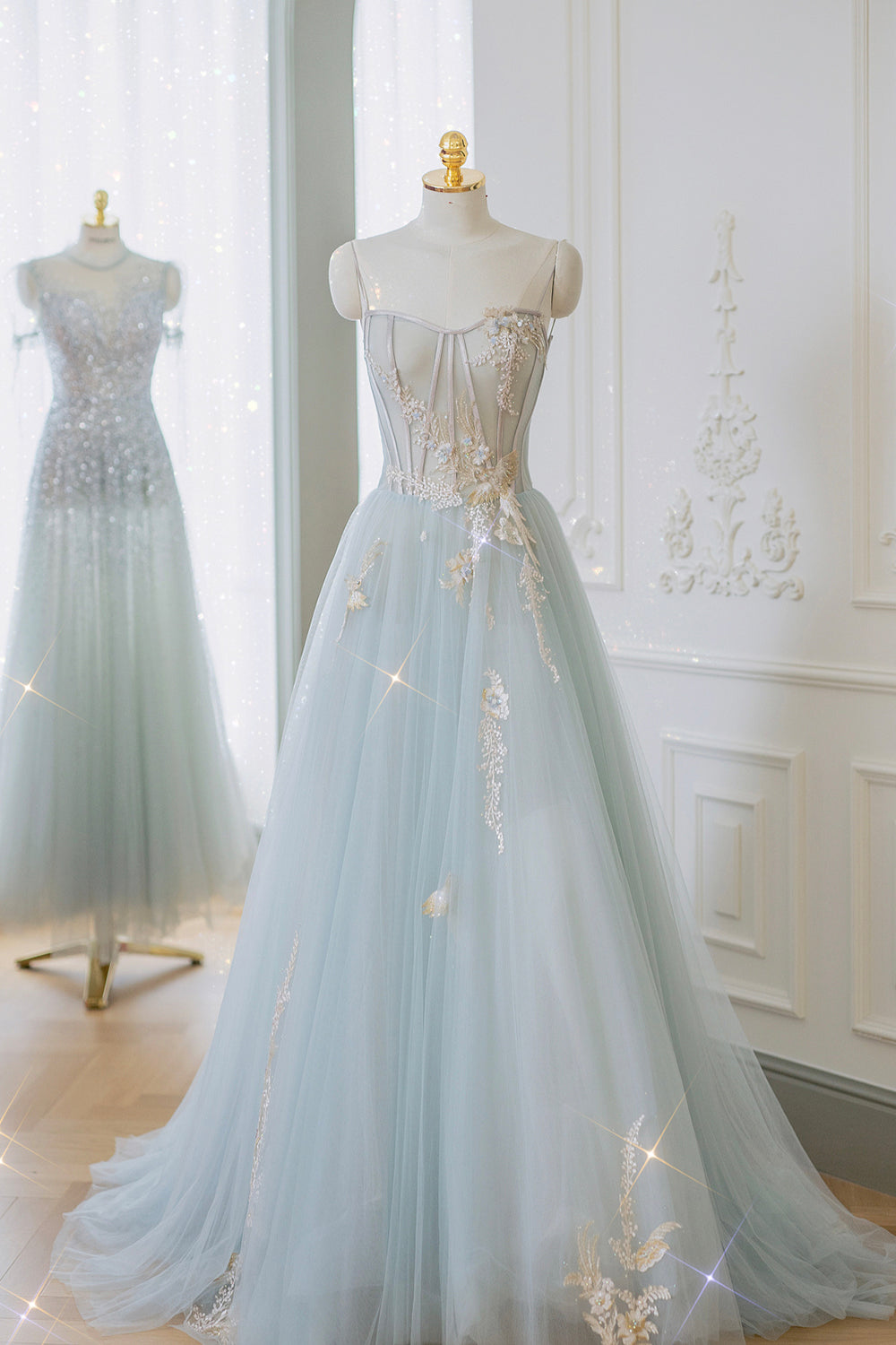 Bridesmaid Dress White, Blue Strapless Lace Formal Prom Dress, A-Line Tulle Evening Party Dress