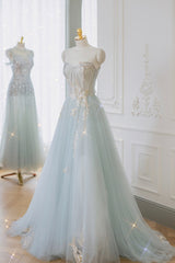 Bridesmaid Dresses With Lace, Blue Strapless Lace Formal Prom Dress, A-Line Tulle Evening Party Dress