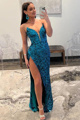 Blue Strapless Sequin Prom Dress with Slit