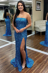 Blue Strapless Sequins Prom Dress with Slit