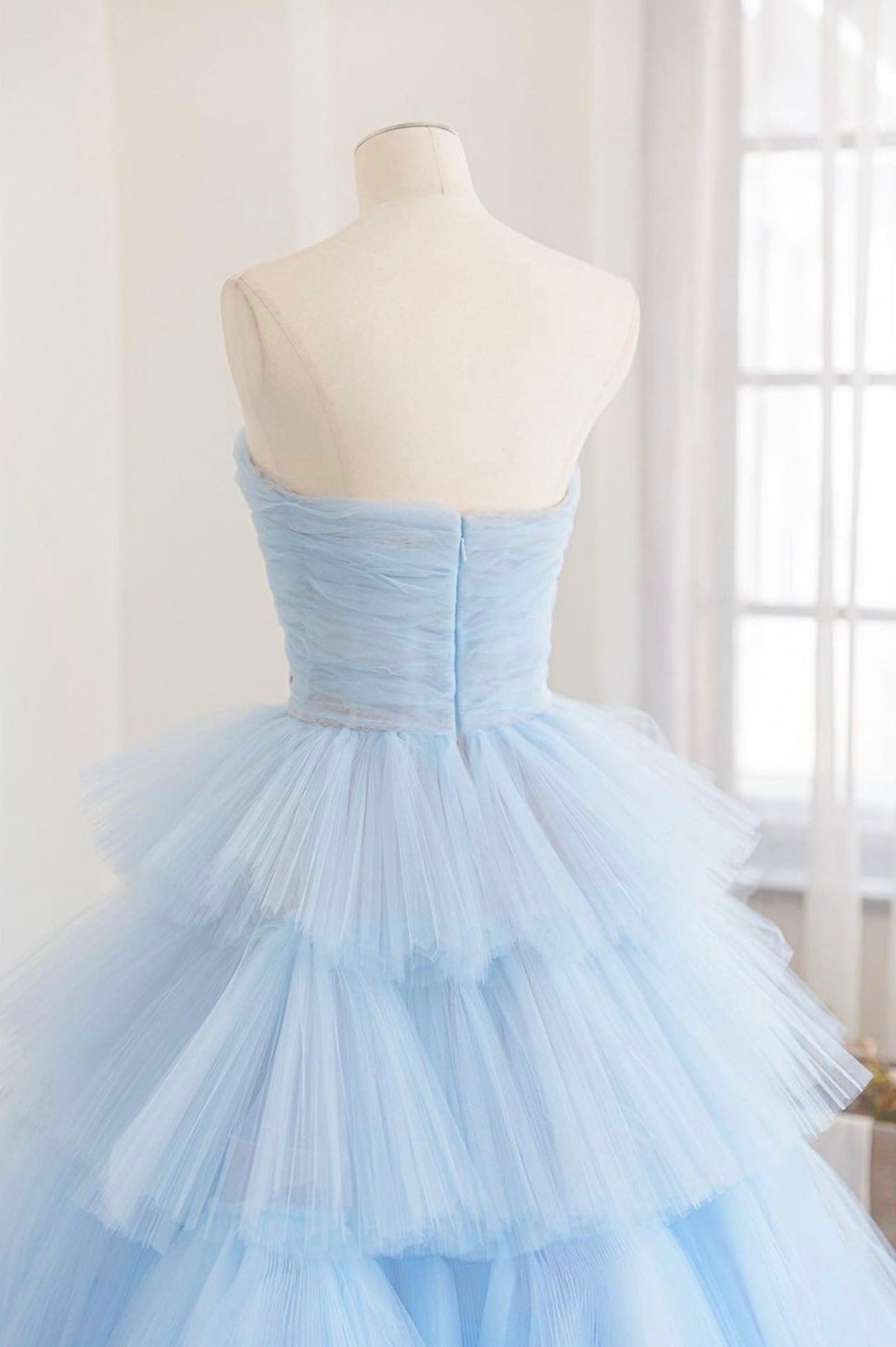 Prom Dress Shops Nearby, Blue Strapless Tulle Layers Long Prom Dress, A-Line Evening Dress