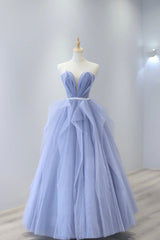 Bridesmaid Dresses Blushes, Blue Strapless Tulle Long Prom Dress, Lovely Sweetheart Neckline Evening Dress