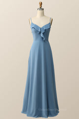 Prom Dress Sleeve, Blue Straps Ruffle Chiffon Long Bridesmaid Dress