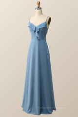 Stunning Dress, Blue Straps Ruffle Chiffon Long Bridesmaid Dress