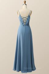 Pleated Dress, Blue Straps Ruffle Chiffon Long Bridesmaid Dress