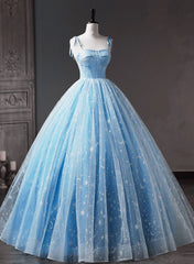 Plu Size Wedding Dress, Blue Straps Tulle Floral Long Prom Dress, Blue Formal Dress Party Dress