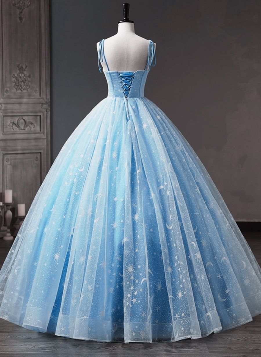 Bachelorette Party, Blue Straps Tulle Floral Long Prom Dress, Blue Formal Dress Party Dress