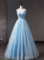 Small Wedding Ideas, Blue Straps Tulle Floral Long Prom Dress, Blue Formal Dress Party Dress
