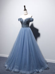 Sage Green Wedding, Blue Sweetheart Neck Beads Long Prom Dress, Blue Tulle Formal Dress With Beading Sequin