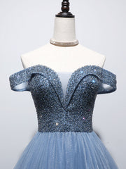 Short Wedding Dress, Blue Sweetheart Neck Beads Long Prom Dress, Blue Tulle Formal Dress With Beading Sequin