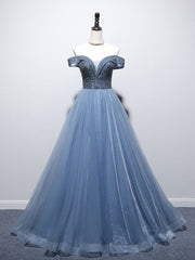 Wedding Aesthetic, Blue Sweetheart Neck Beads Long Prom Dress, Blue Tulle Formal Dress With Beading Sequin