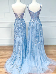 Cute Dress Outfit, Blue Sweetheart Neck Lace Long Prom Dresses, Blue Lace Graduation Dress