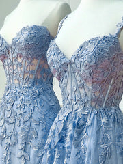 Evening Dress Long, Blue Sweetheart Neck Lace Long Prom Dresses, Blue Lace Graduation Dress