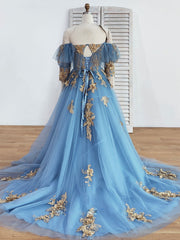 Bridesmaid Dress Affordable, Blue Sweetheart Neck Off Shoulder Long Prom Dress, Lace Evening Dresses