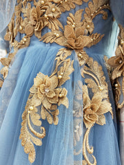 Bridesmaids Dresses Cheap, Blue Sweetheart Neck Off Shoulder Long Prom Dress, Lace Evening Dresses