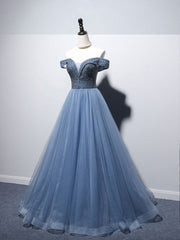 Formal Dresses 2026, Blue Sweetheart Neck Tulle Beads Off Shoulder Long Prom Dress