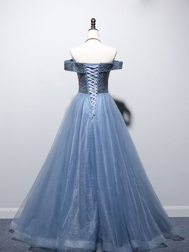 Formal Dresses Prom, Blue Sweetheart Neck Tulle Beads Off Shoulder Long Prom Dress
