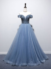 Formal Dresses Classy, Blue Sweetheart Neck Tulle Beads Off Shoulder Long Prom Dress