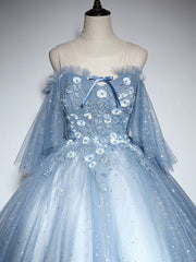 Party Dress Classy Christmas, Blue Sweetheart Neck Tulle Lace Long Prom Dress, Blue Evening Dress