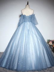 Party Dresses White, Blue Sweetheart Neck Tulle Lace Long Prom Dress, Blue Evening Dress