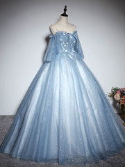 Party Dress In White, Blue Sweetheart Neck Tulle Lace Long Prom Dress, Blue Evening Dress