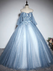 Party Dresses Classy Christmas, Blue Sweetheart Neck Tulle Lace Long Prom Dress, Blue Evening Dress