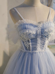 Purple Dress, Blue sweetheart neck tulle lace short prom dress blue puffy homecoming dress